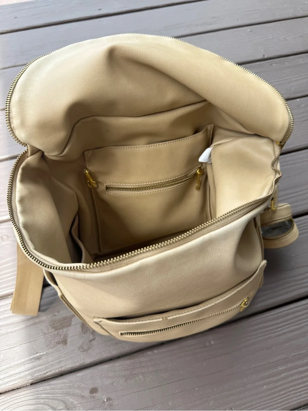 Fawn Design Beige Crossbody Bucket Bag with Gold Hardware
